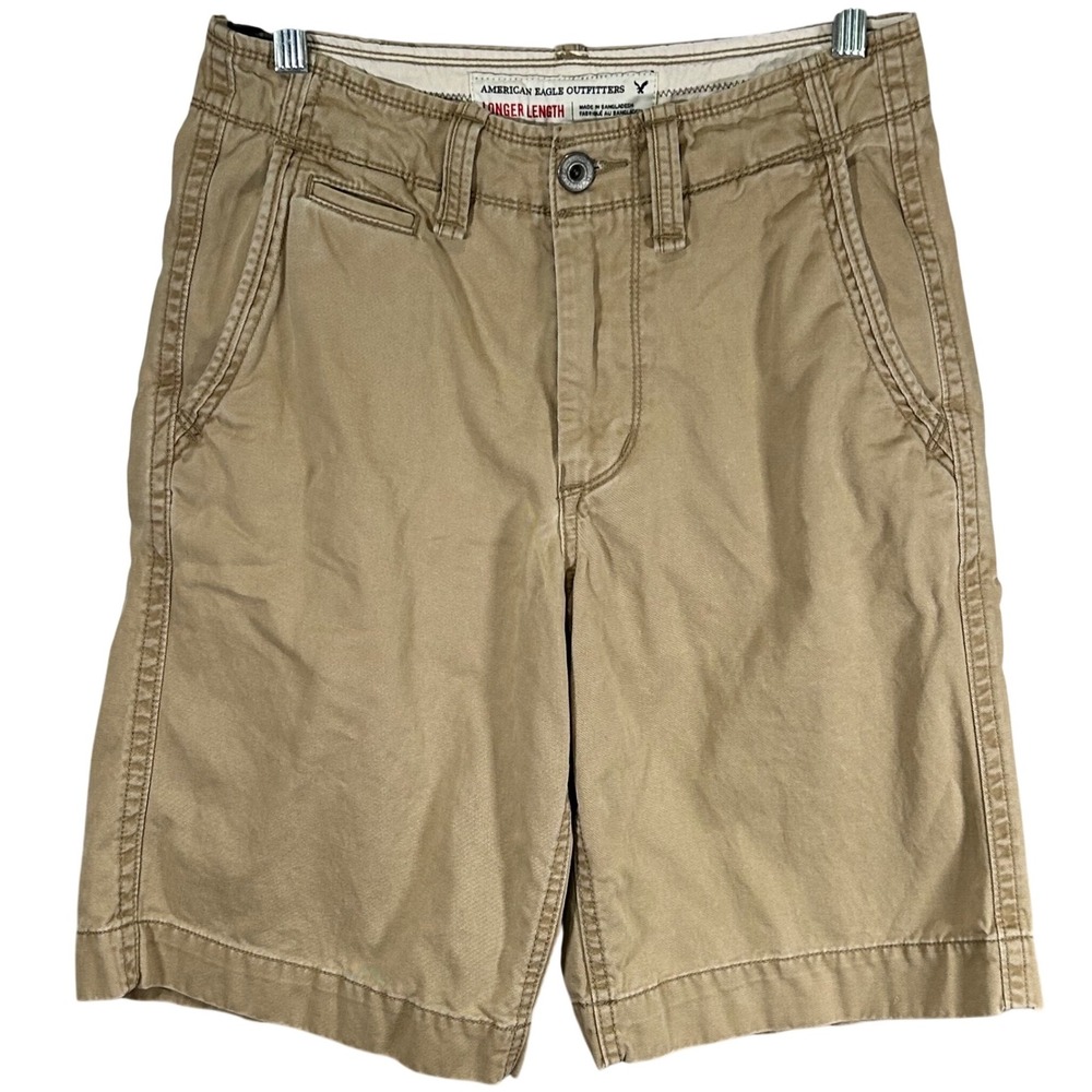 American Eagle Mens Khaki Chino Shorts Longer Length Tan Cotton Size 28